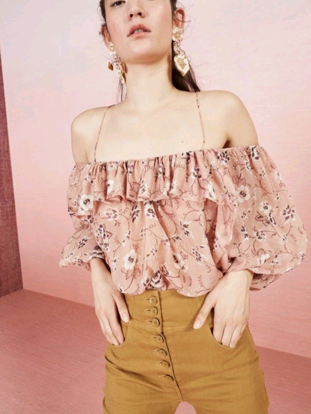 Ulla Johnson Pink Floral Off-Shoulder Ruffle Camisole